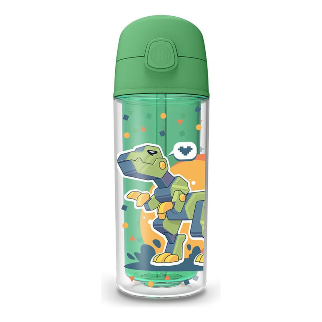 Garrafinha De Água Infantil Escola Criança Canudo Dinossauro Cor Verde-claro