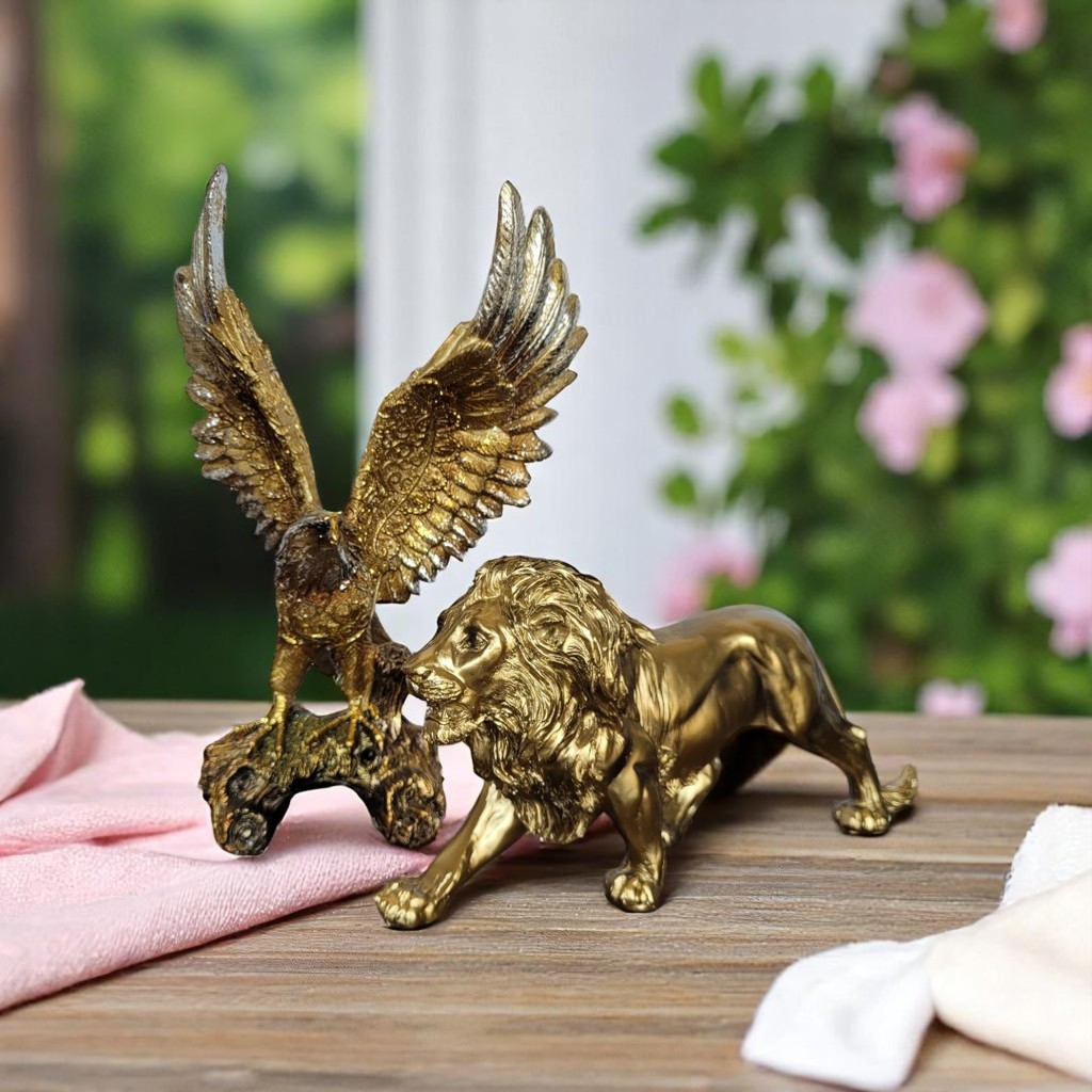 Kit  Decoração Elegante  Enfeite de Resina  Luxo  Adorno Decorativo Águia Decorativa + Leão Dourado