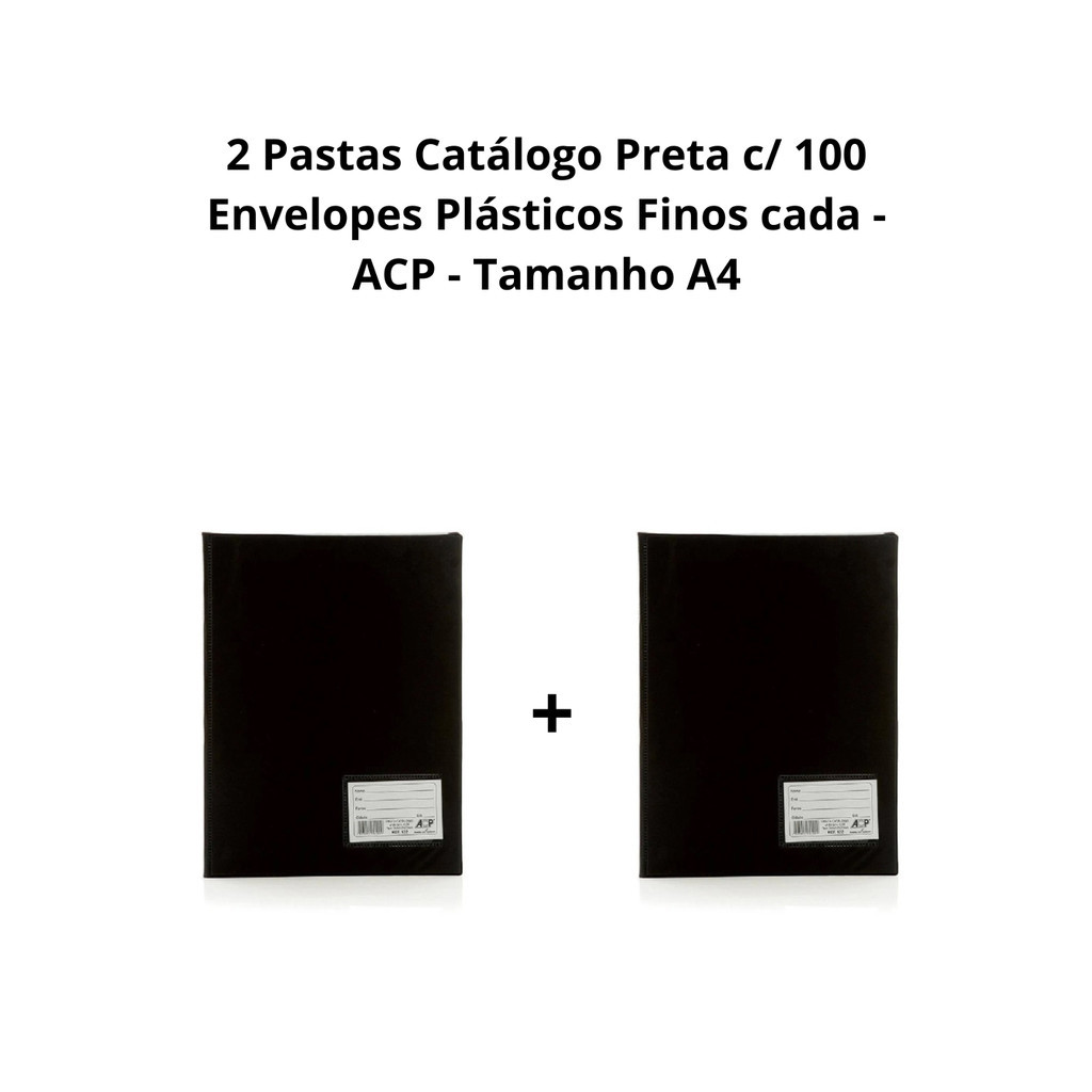 2 Pastas Catálogo Preta c/ 100 Envelopes Plásticos Finos cada Tamanho A4 - ACP