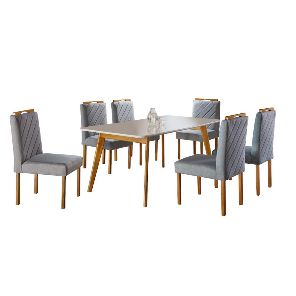 Conjunto Sala de Jantar 6 Lugares Madeira Maciça Mesa Slim Cadeiras em Linho Rústico Cinza Grafite