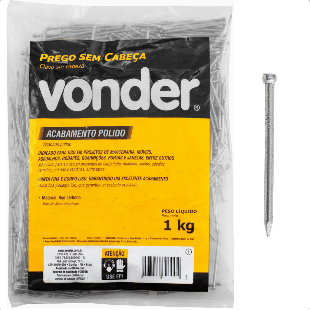 Prego sem Cabeça 13 x 15" (1.1/4 x 15") Polido 1 Kg Vonder em Oferta na Shopee