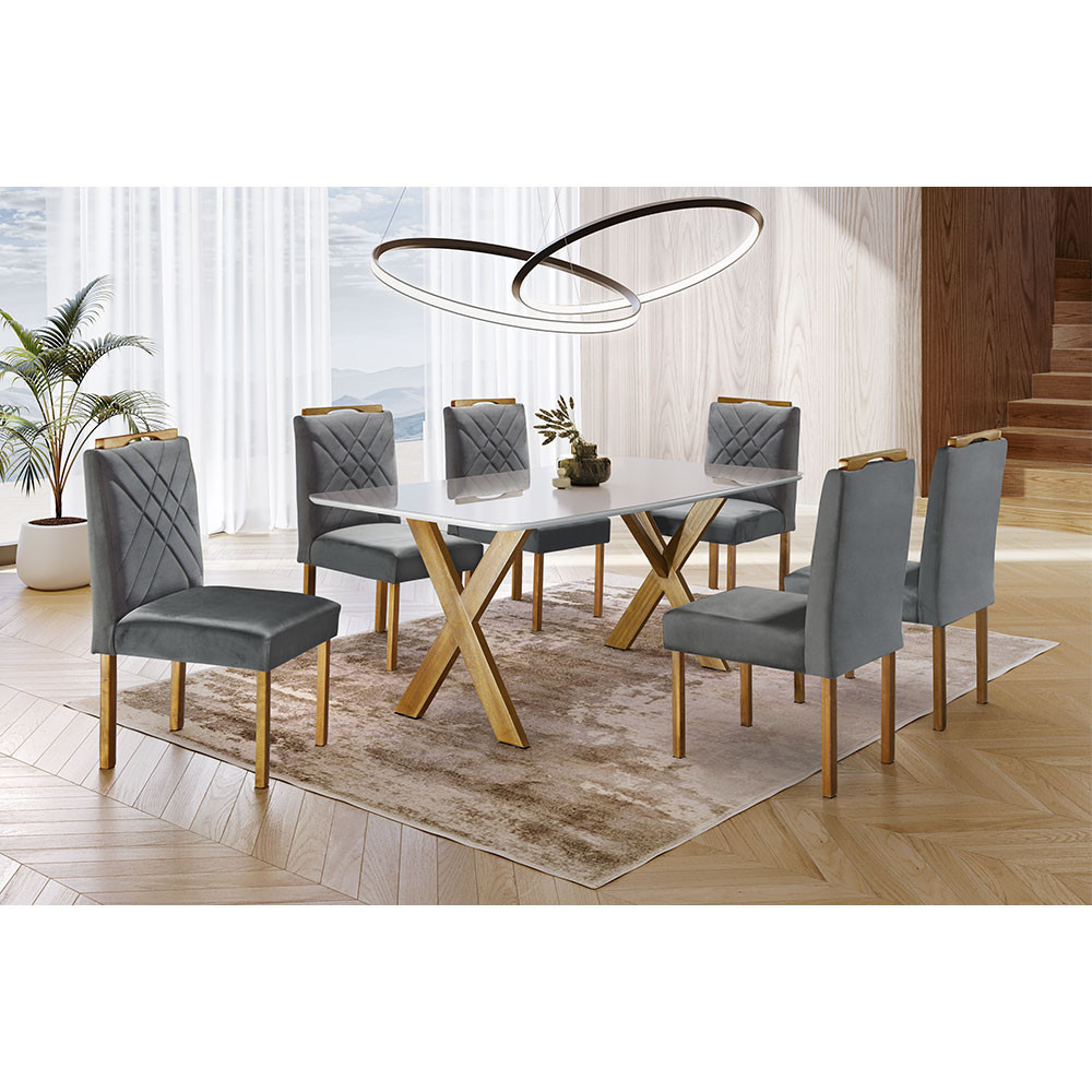 Conjunto Sala de Jantar 6 Lugares Mesa Munique Tampo Vidro e Cadeiras Madeira Maciça Imperial Móveis Mundial