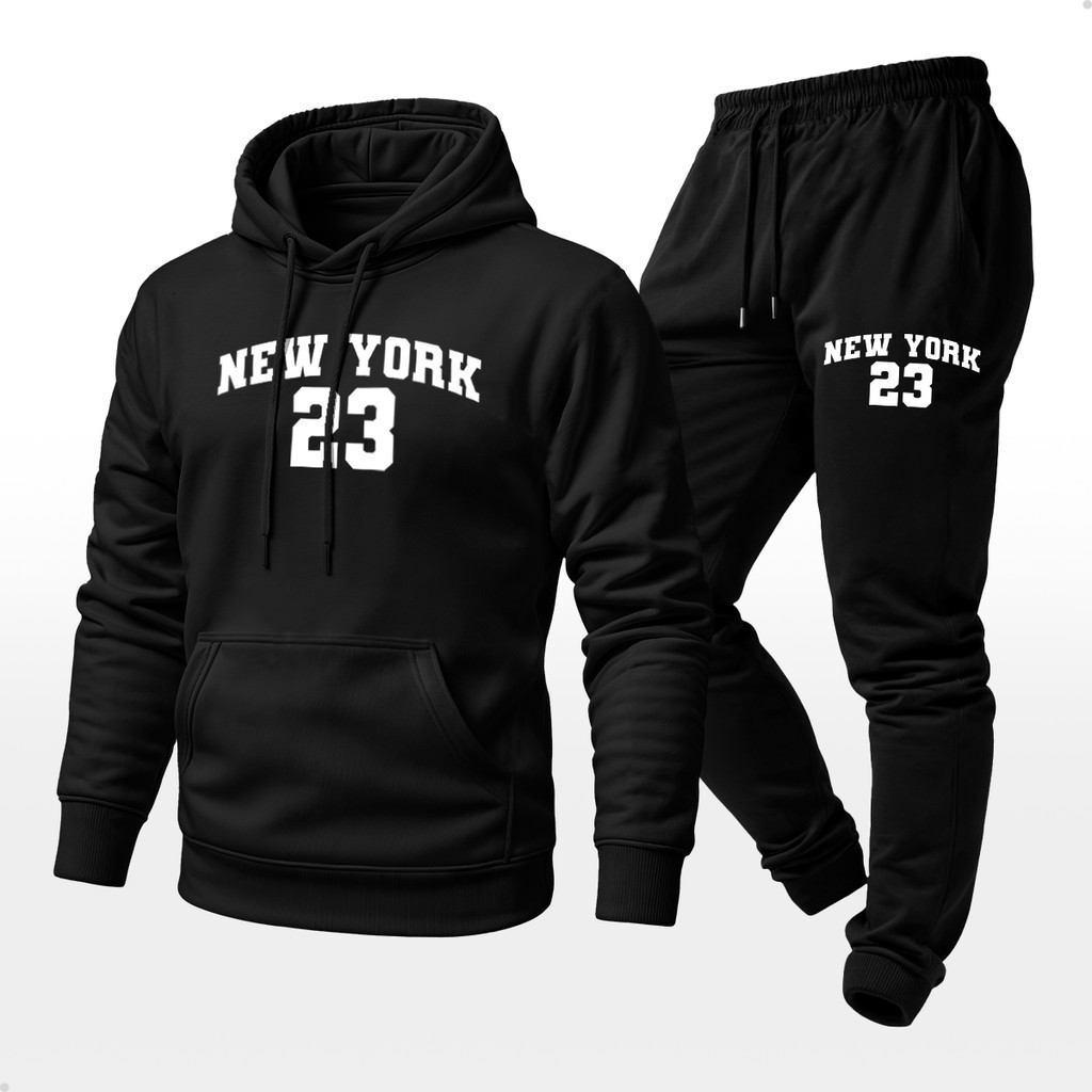 Conjunto Moletom Unissex Estampado New York 23 Kit Abrigo  Calça e Blusa Com Capuz Bolso Canguru Flanelado
