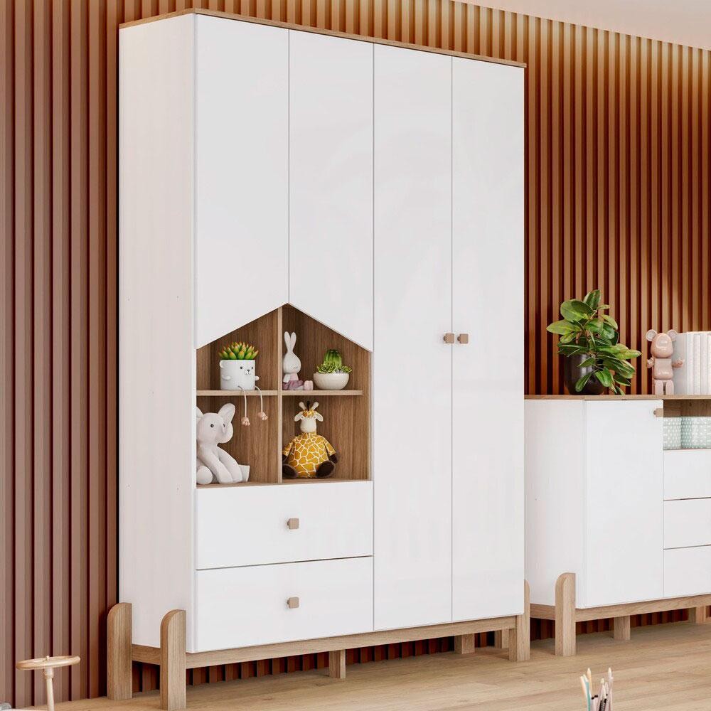 Guarda-Roupa Infantil Ternura 4 PT 2 GV Branco e Jequitibá em Oferta na Shopee