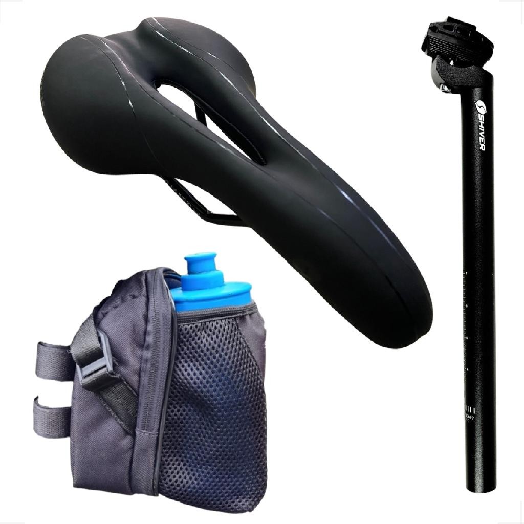 Kit Bike Selim Banco Assento Shiver ddk + Canote 27,2 x 350mm + Bolsa selim com suporte garrafa