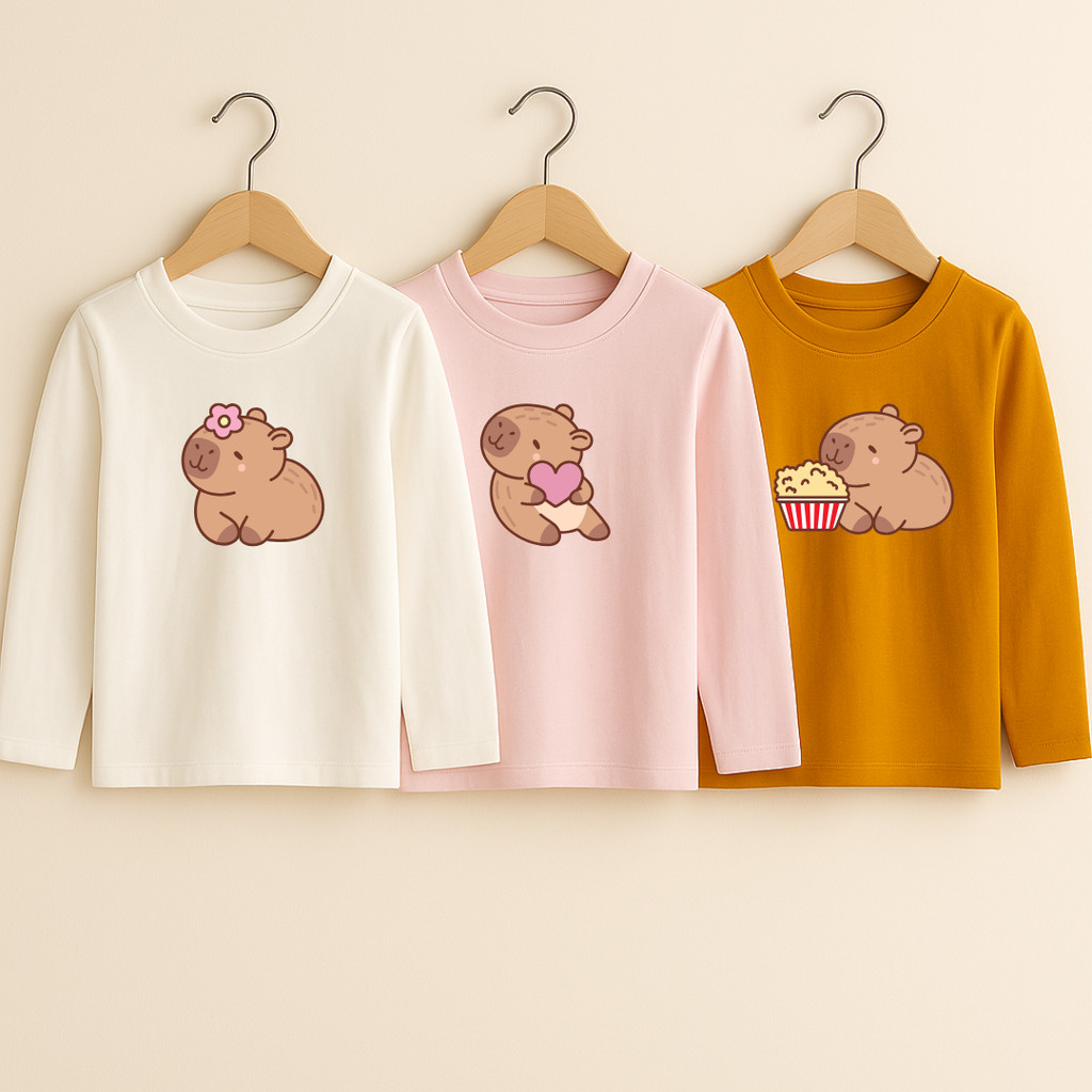 Kit 3 Camiseta Infantil Manga Longa Comprida Capivara Fofa Kawaii Fofa 100% Algodão Menina