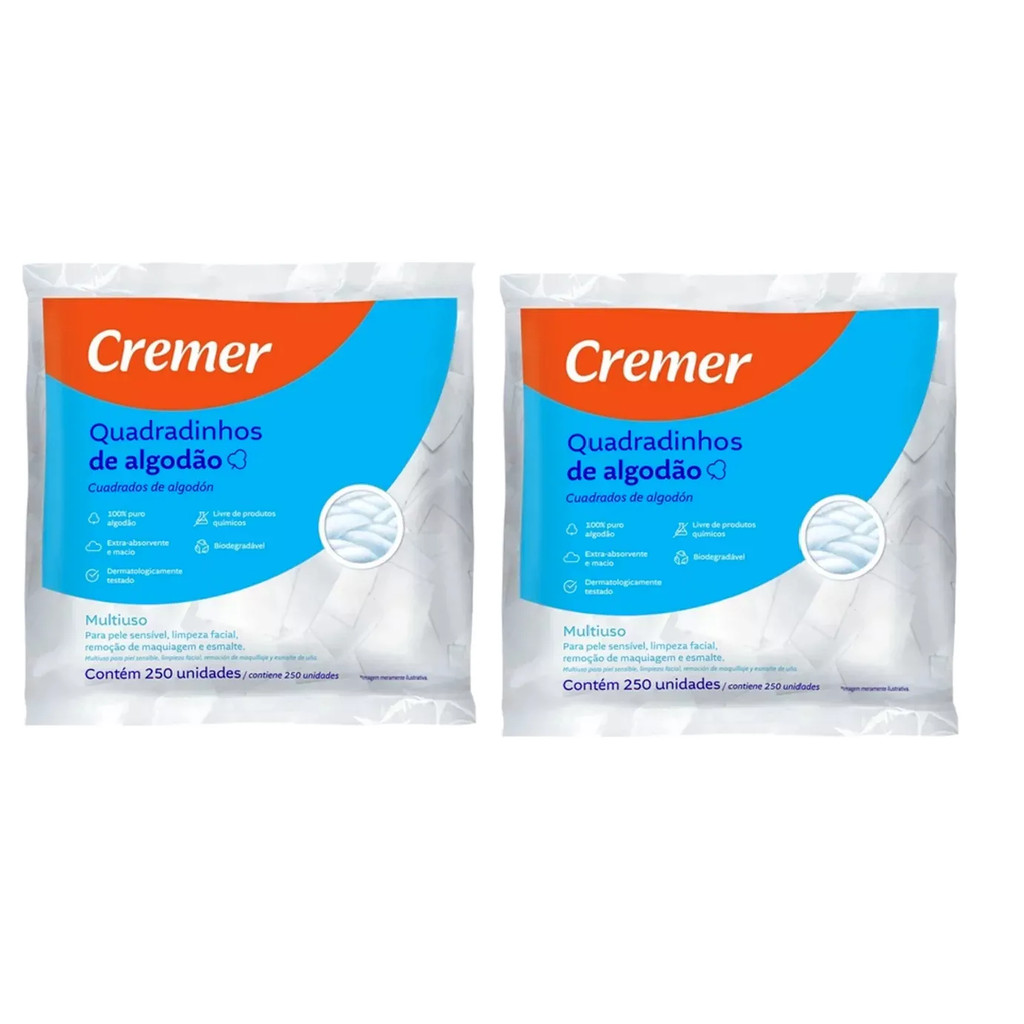Kit 2x Algodão Quadradinho Cremer Multifunções Com 250 Unid