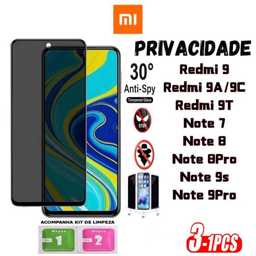 Kit 1/2/3 Película Privacidade 3D Anti Spy XIAOMI REDMI 9 9A 9C REDMI 9T NOTE7 NOTE 8 NOTE 8PRO NOTE 9 NOTE 9S NOTE 9PRO