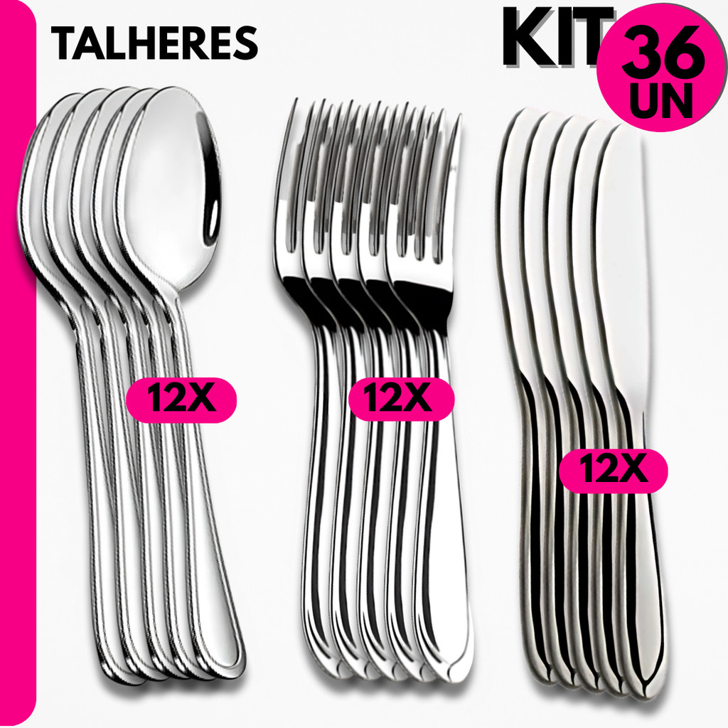 Talheres Inox 36 Peças; Colheres, Garfos e Facas para Jantar, Bares, Restaurante e Buffet
