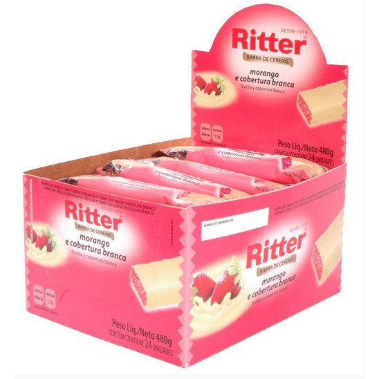Barra De Cereal Morango Cobertura Choc Branco Ritter Com 24 Unidades De 20g