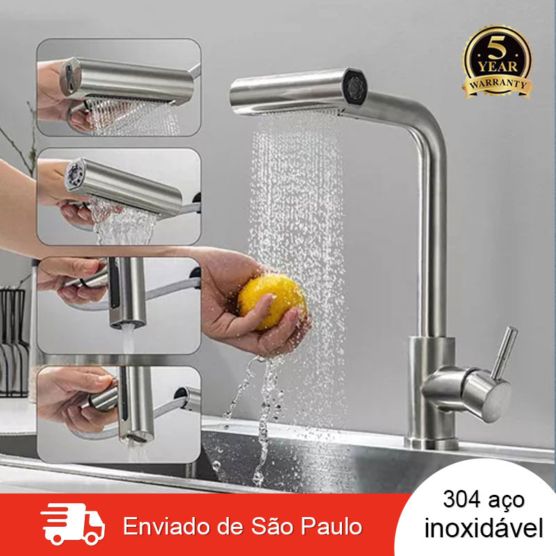 Torneira De Cozinha 4 Modos Aço Inox 304  Monocomando Com Spray Flexível Rotação de 360° Cor Prata Escovado