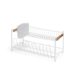 Escorredor Louça Duplo Pia Eco Design Aço Madeira Branco Porta Talheres Removível Organização Arthi