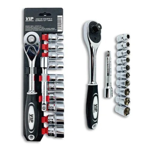 Jogo de Soquetes com Catraca 12 Peças VIP Industrial Chave Estriada Kit Mecânico Manual
