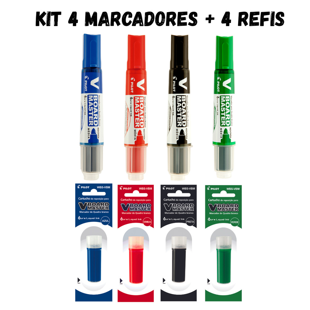 Kit com 4 Marcadores Para Quadro Branco + 4 Refis  Board Master - PILOT KITS:2 em Oferta na Shopee