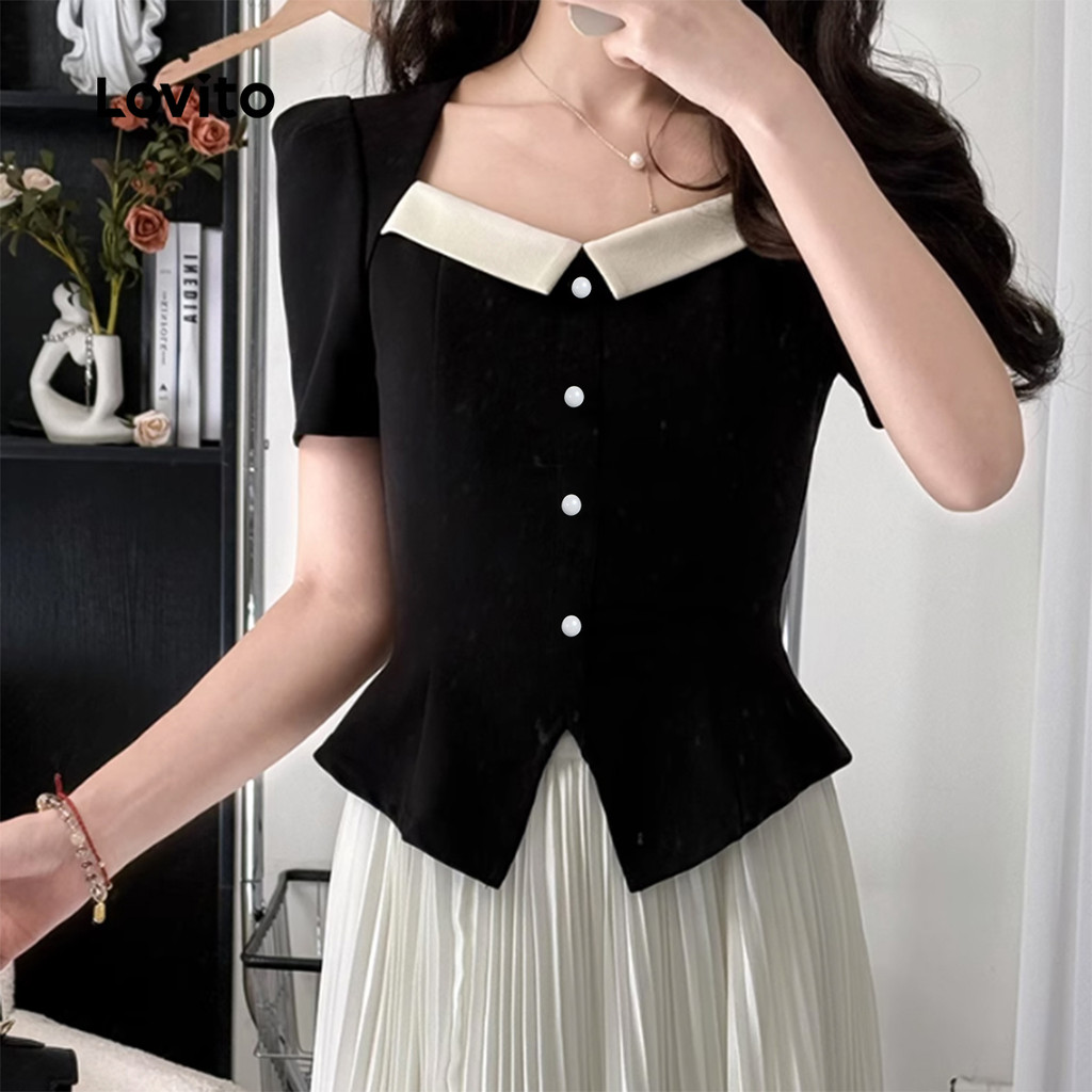 Detalhes do Lovito Blusa Sofisticada Colorida Com Botões E Abertura Frontal Para Primavera Verão Feminina Preta L134ED057