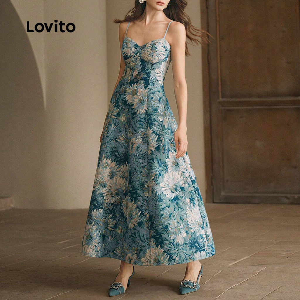 (Trendy) Lovito Linha De Estrutura Barroca Vintage Redonda Primavera/Verão Vestido Azul Escuro Para Mulheres L134LD074 - Women Clothes