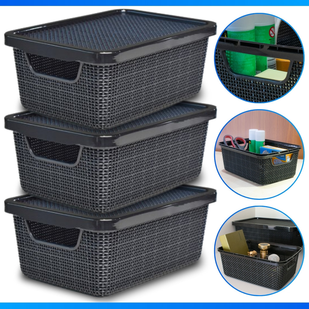 Kit 3 Cestos Organizador c/ Tampa Trama Juta 2L - PROMOÇÃO em Oferta na Shopee