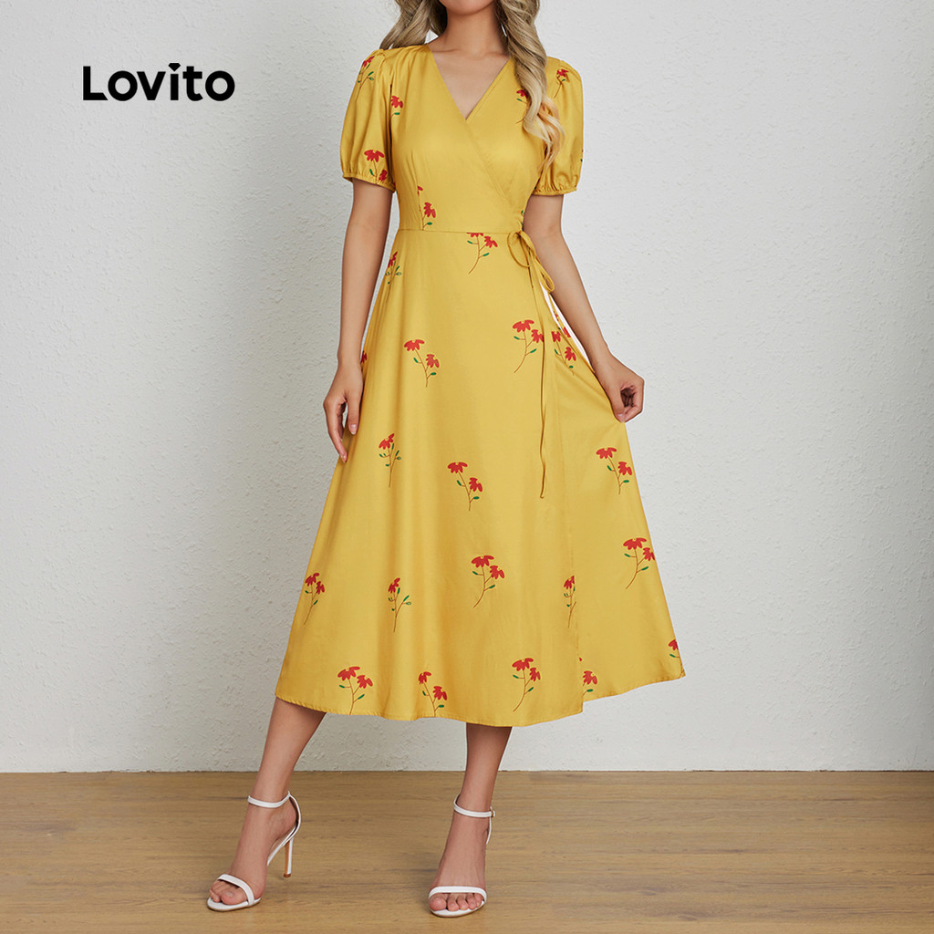 (Trendy) Lovito Vestido Casual Floral Com Cadarço Assimétrico Verão Primavera Amarelo Para Mulheres LBL25291 - Women Clothes