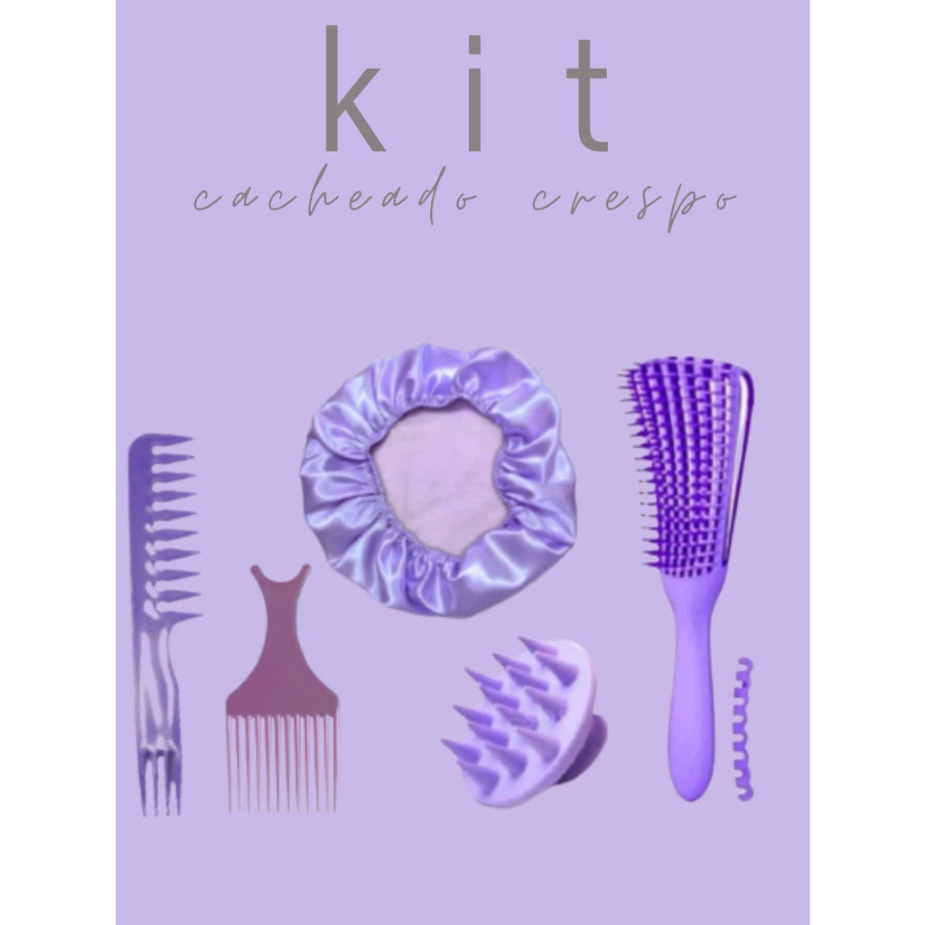 Kit 5 Peças Profissional Cabelos Cacheados Polvo, Jacaré, Garfo, Massageadora e Touca Cetim