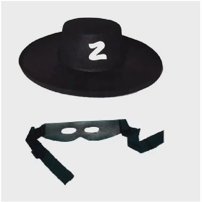 Kit Chapéu e Máscara do Zorro Tamanho Adulto Cor Preta Luxo Reforçado