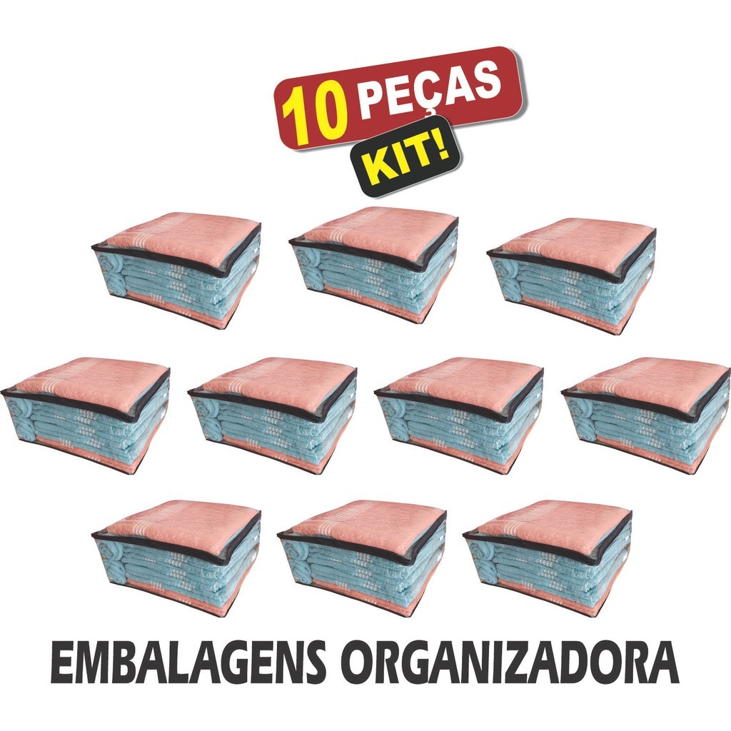 Kit 10 Saco zíper Organizador Cobertor Casaco Guarda Roupa Anti-Poeira Anti-Umidade Multiuso 48 x 42 x 24