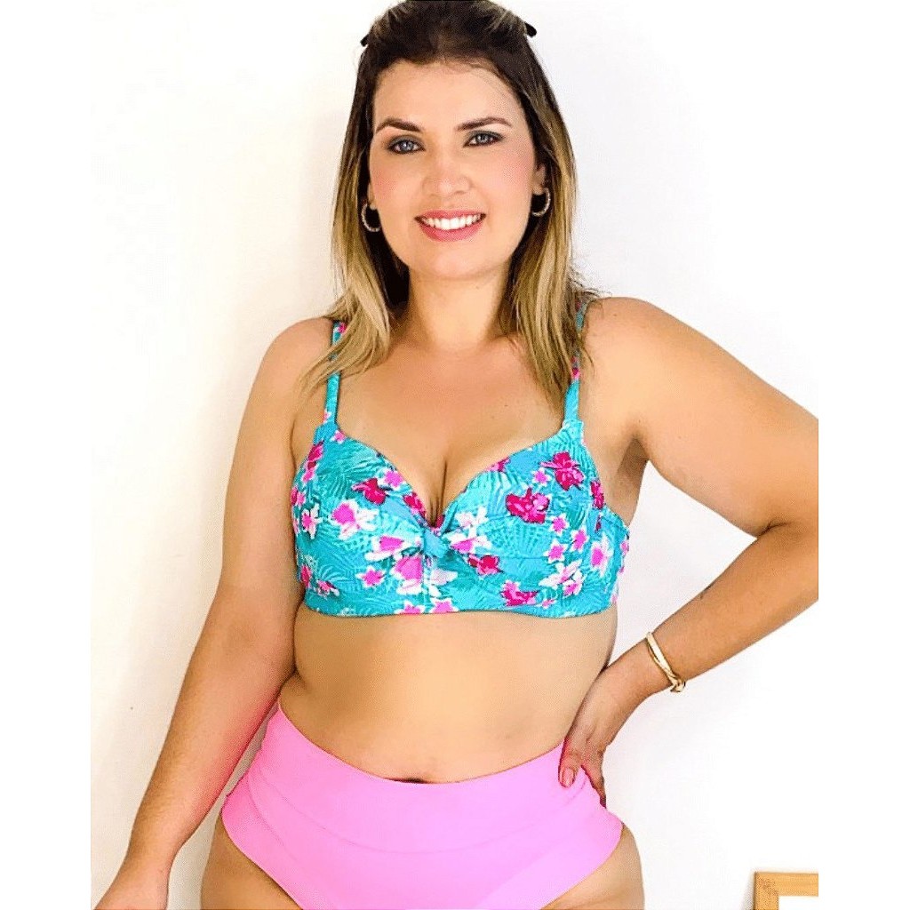 Top Biquíni com bojo Bia Azul Turquesa Floral