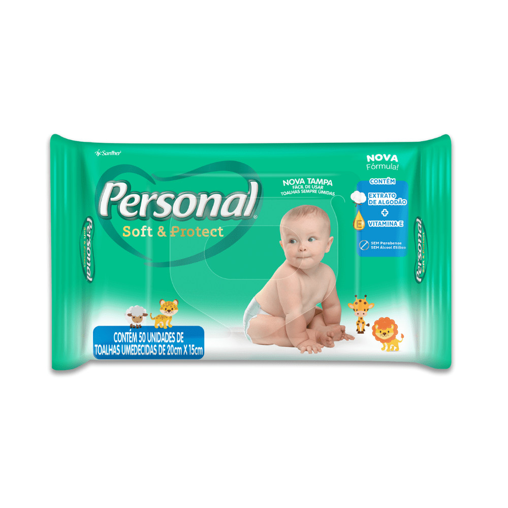 Toalha Umedecida Personal Soft & Protect com 50 unidades