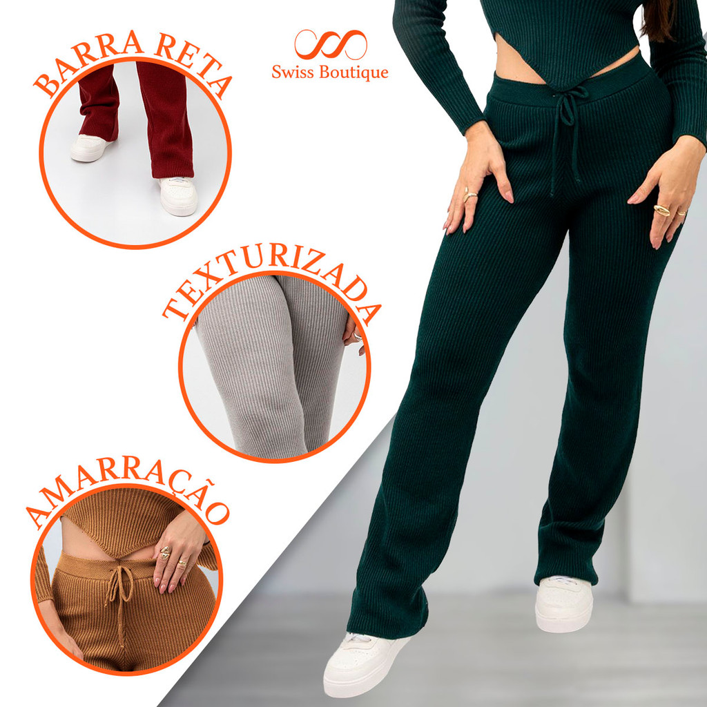 Calça Pantalona Tricot Modal Feminina Cintura Alta Texturizada Wede Leg Casual Confortável 2025