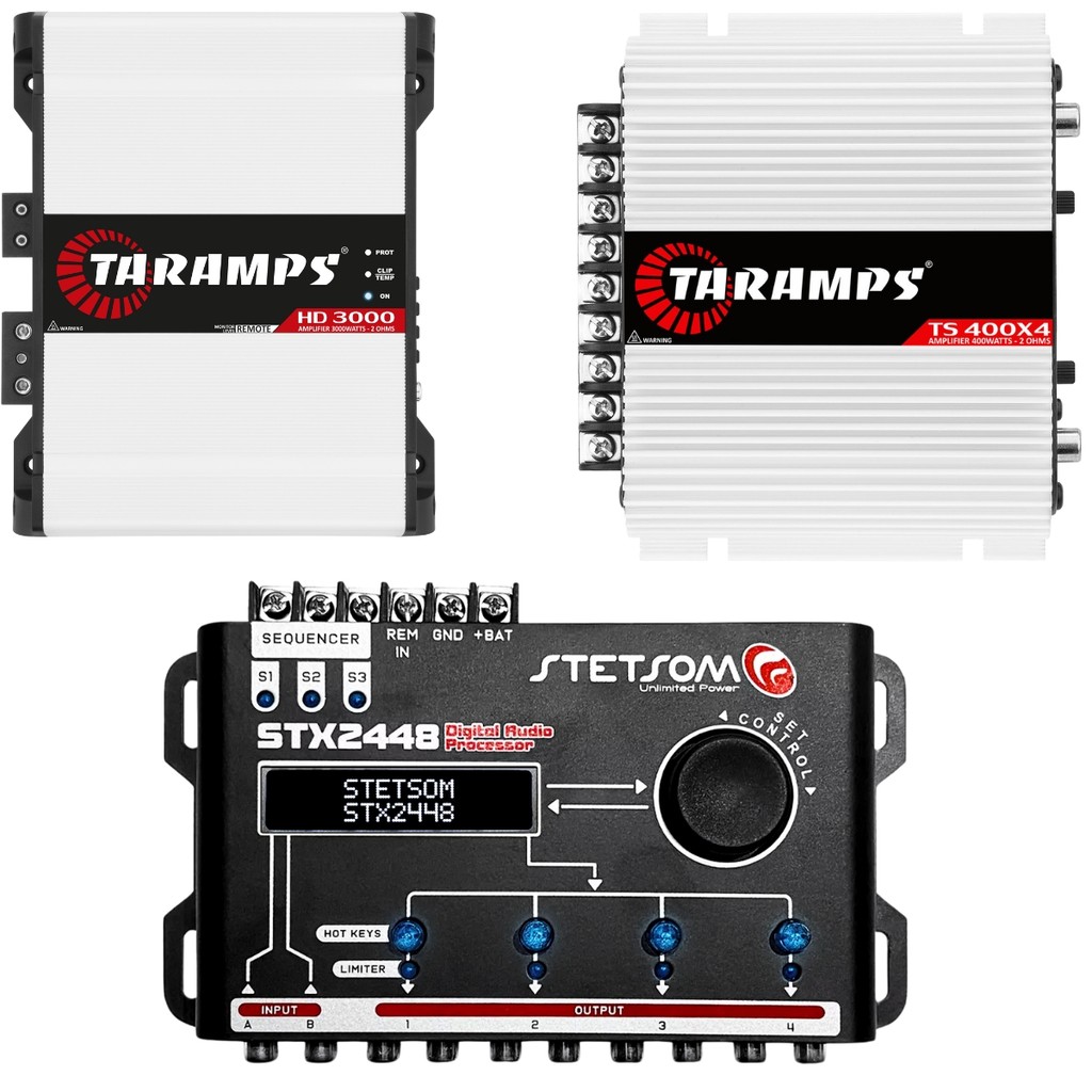 Módulo Taramps TS400x4 + Módulo Taramps HD3000 1 Canal 2 Ohms + Processador Stetsom STX2448 4 Vias em Oferta na Shopee
