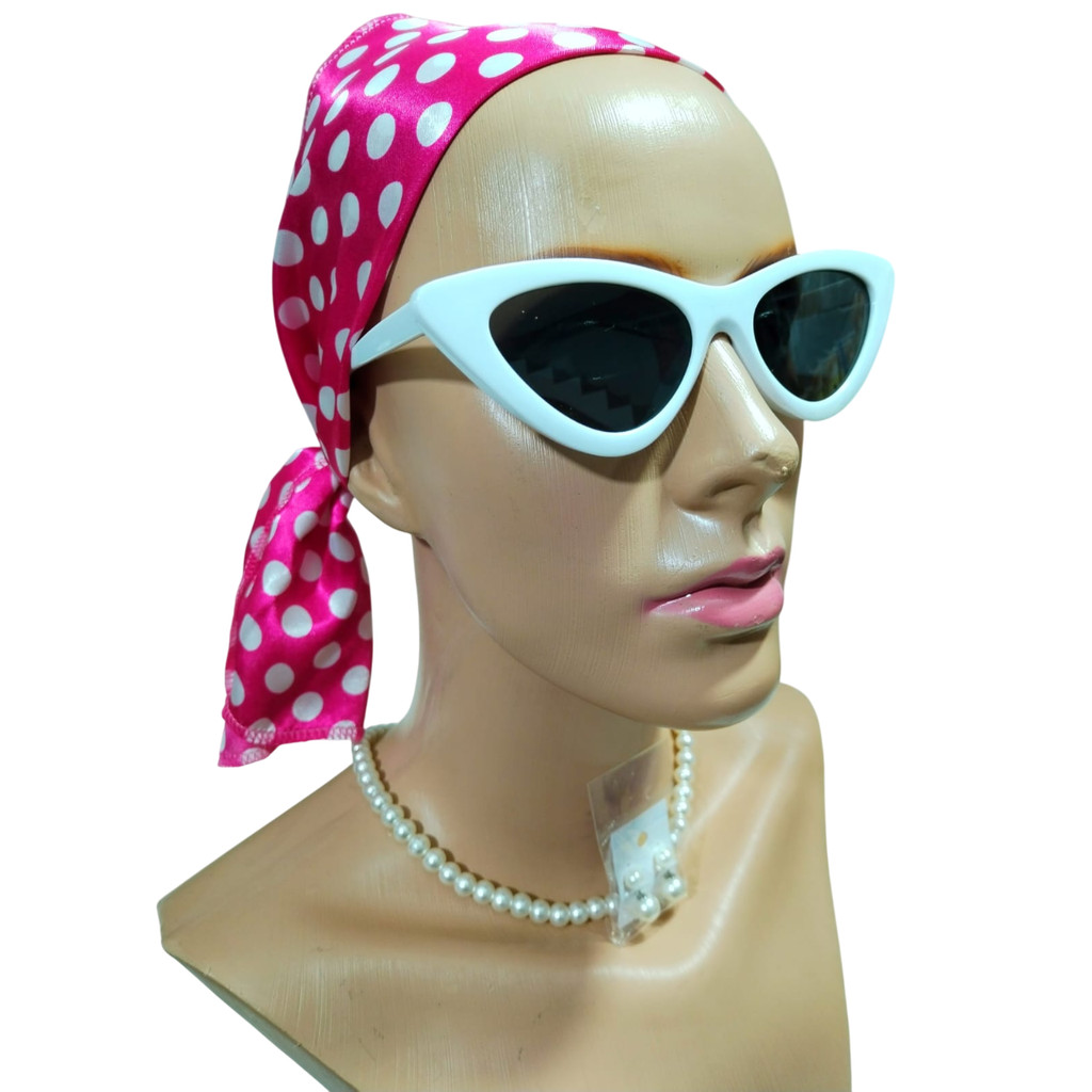 Kit Charleston Anos 60 Luxo - Lenço Rosa Óculos Branco Colar e Brinco de Pérolas - Pinup Melindrosa