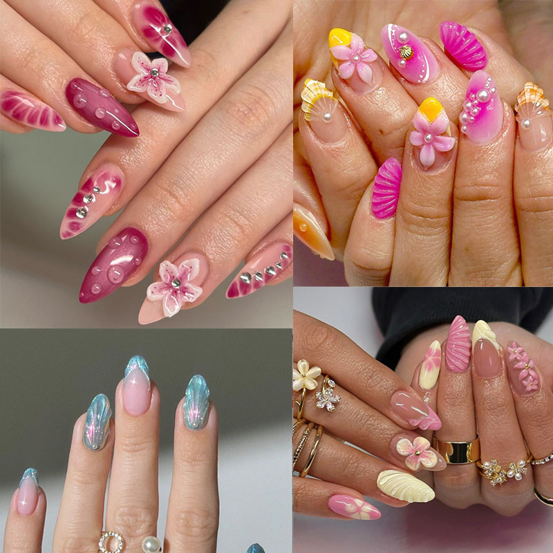 unha postiça amendoada decorada realista Com Cola Pérolas E Diamantes kit unhas postiças decoradas 3D Florais em Oferta na Shopee