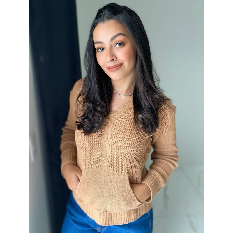 Suéter Blusa trança com bolso em tricot manga comprida VANESSA inverno tricô moda feminina blogueira