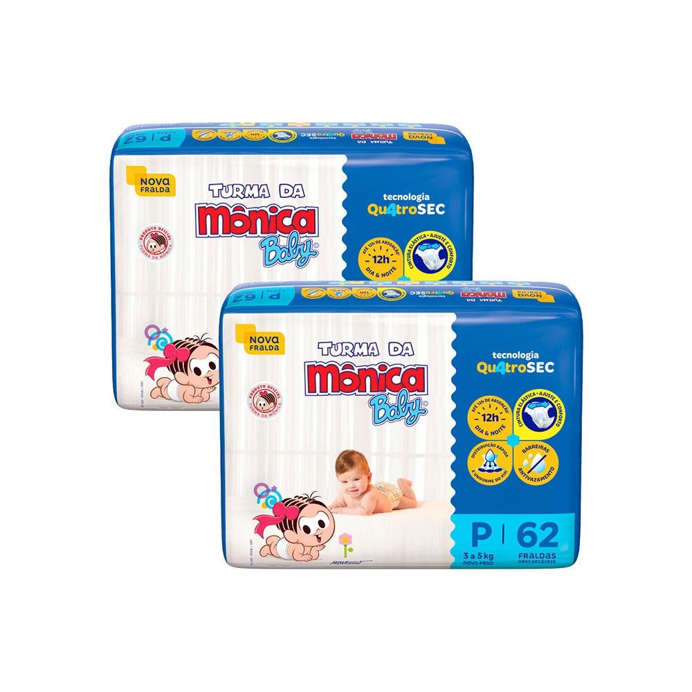 Kit 2 Fraldas Turma da Mônica Baby Mega P com 62un cada em Oferta na Shopee