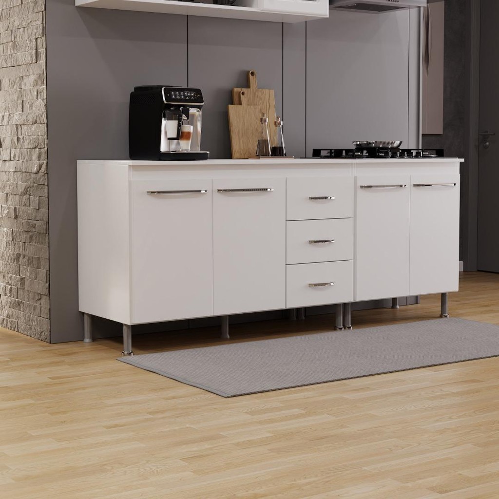 Kit 2 Balcões Modulados Gabinete Pia 120cm e Cooktop 70cm Com Tampo Viena Branco - Home & Living