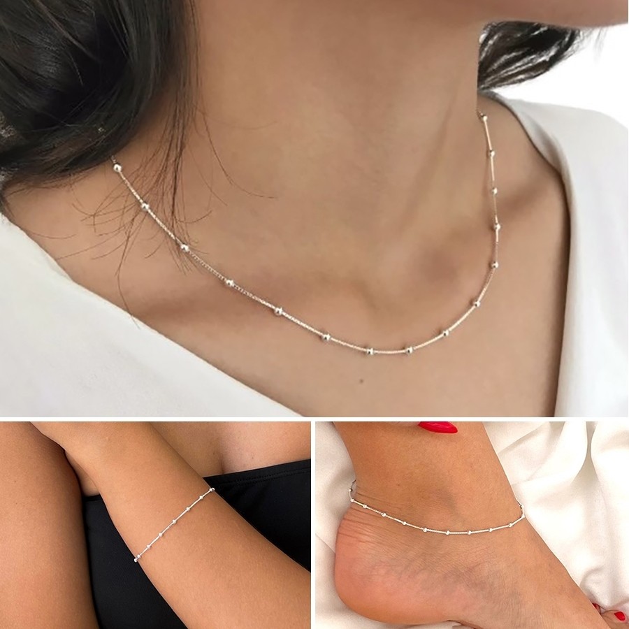 Kit 3 Colar simples feminino pulseira de contas e tornozeleira banhado a ouro 18k prata 925 em Oferta na Shopee