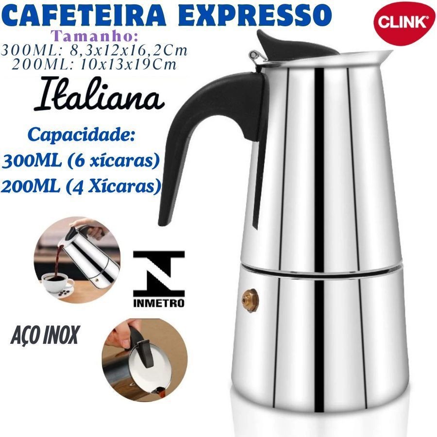 Cafeteira Italiana Inox 6 Xícaras 300ML Ou 4 Xícaras 200ML Compatível Com Fogão De Indução
