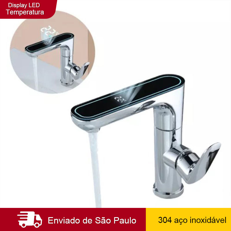 Torneira Para Cozinha Banheiro Com Visor de Temperatura Regulagem e Giratória 360° Aço Inox 304 em Oferta na Shopee