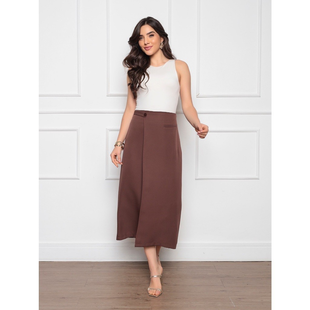 L167 Saia Midi feminina Detalhe lateral Bolso falso ziper atrás em Oferta na Shopee