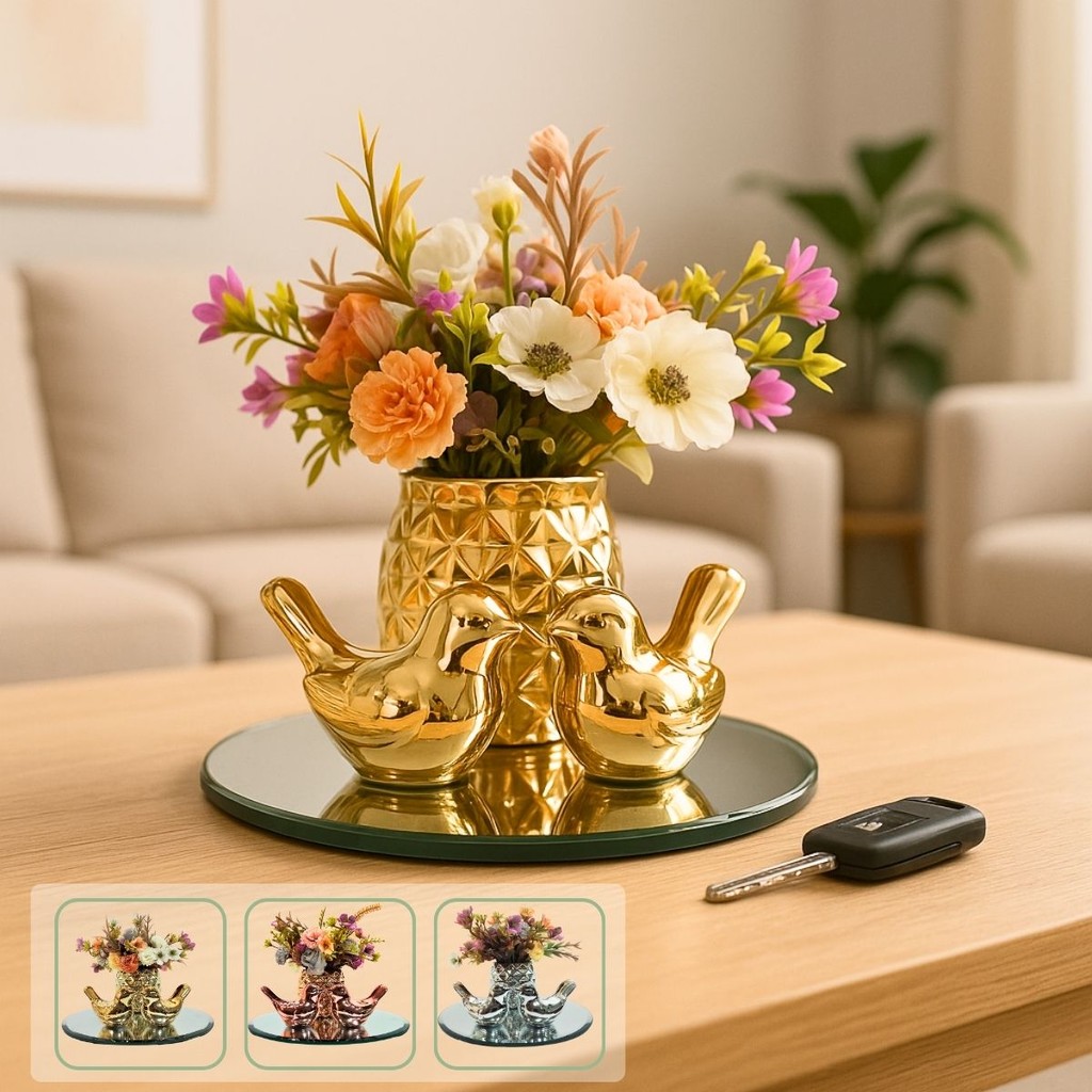 Kit Decoração Vasinho com Flor Artificial, Bandeja Espelhada e Casal de Pássaros – Elegância Sala, Lavabo, Escritório