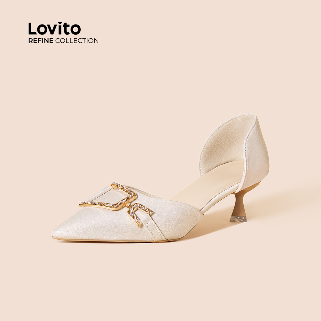 (Lovito Refine)  Elegante Fivela De Metal Liso Oco Salto Médio Alto Requintado Estilo Deslocamento Para Mulheres LR12400 - Women Shoes