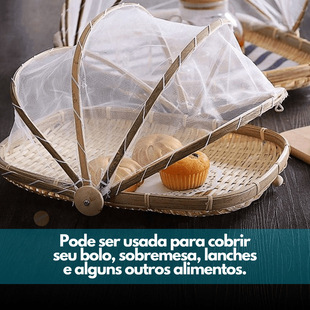 Cesto Porta Pães Bolo Frutas Piquenique Bambu Cobertura Tela Retrátil Retângular · foto 2