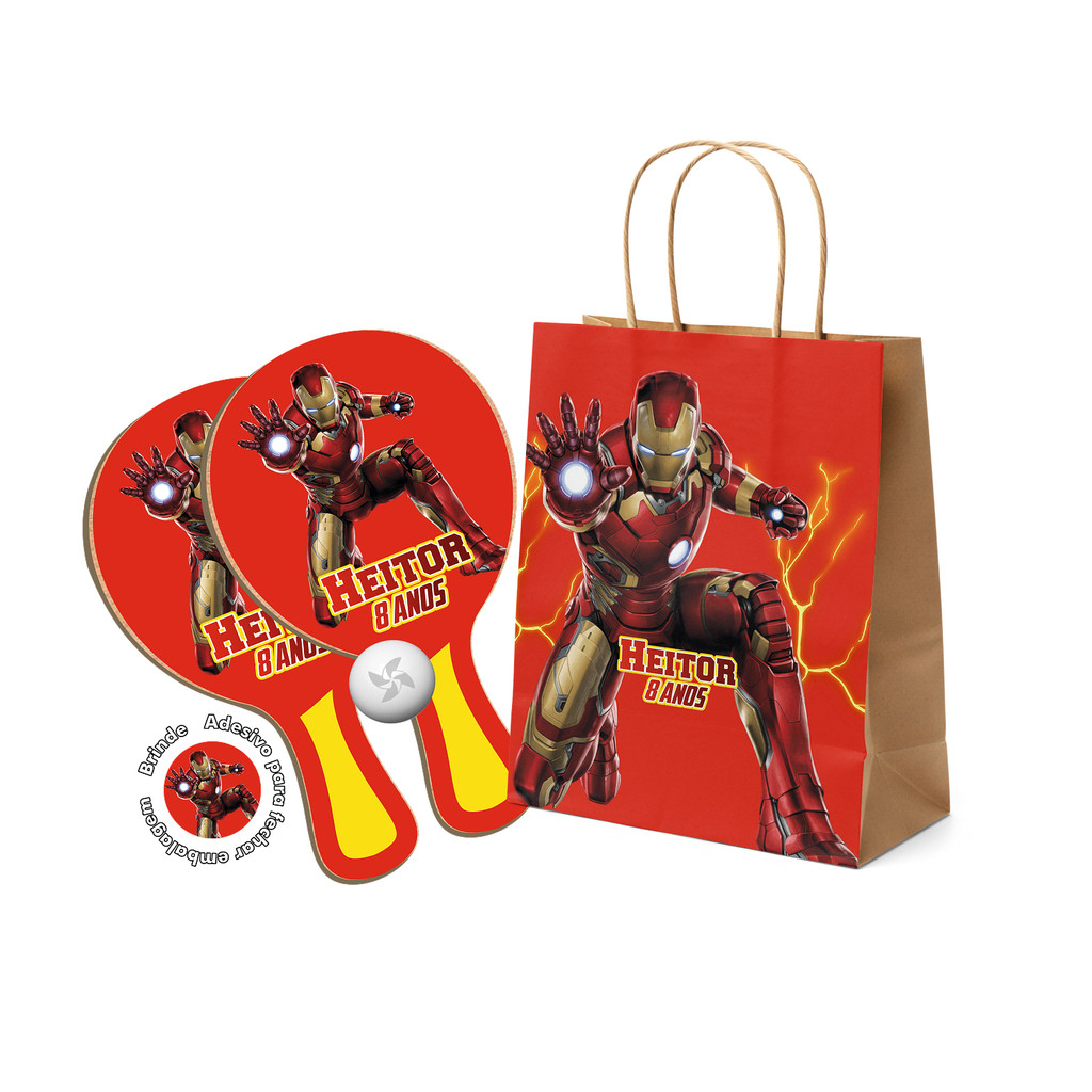 7/10/15/20/25 Kit Sacola de Papel e Raquete Ping Pong - Homem de Ferro