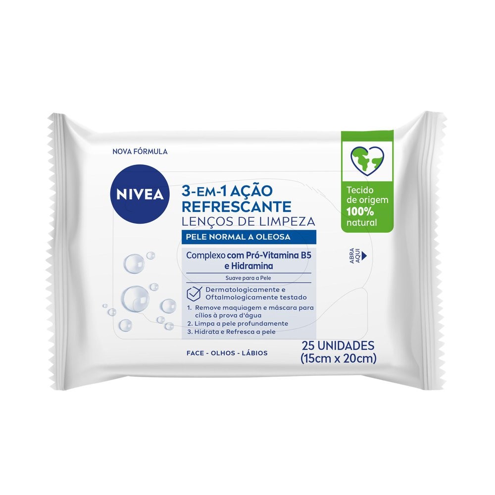 Lenços De Limpeza Demaquilantes 3 Em 1 Nivea Ação Refrescante 25 Unidades - Beauty