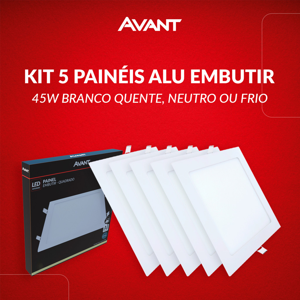 Kit 5 Painel Led Aluminio Quadrado 45w 3000k/4000k/6500k Branco Quente/Neutro/Frio 110v/220v Bivolt Branco Avant - Home & Living