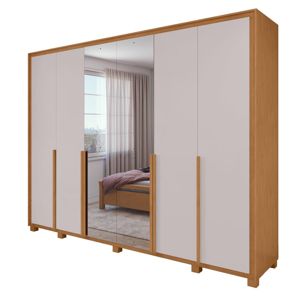 Guarda Roupa Casal 100% MDF 6 Portas Easy Space Com Espelho E Pés AmendoaClean/Off White -Lopas