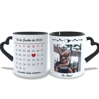 Caneca dia dos Namorados Personalizada Calendario Coração Casamento Preta Presente