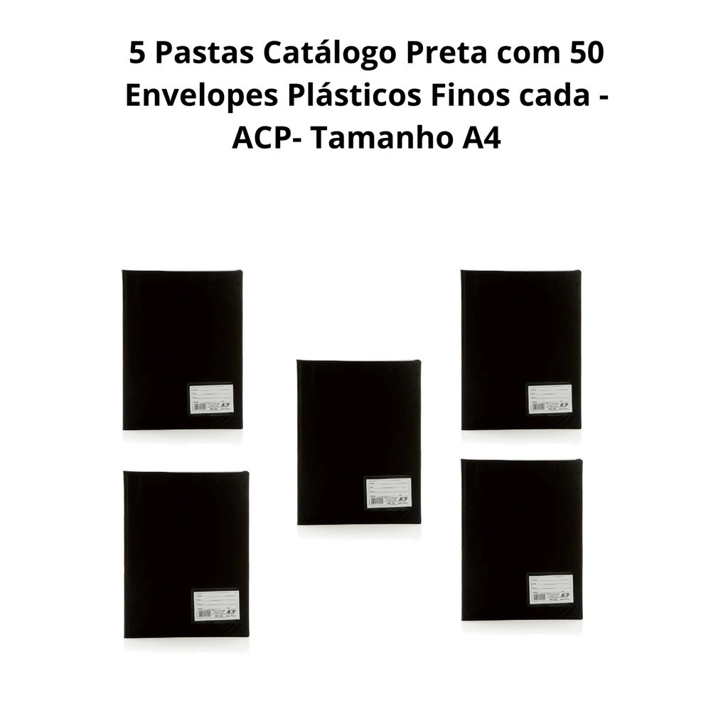 5 Pastas Catálogo Preta com 50 Envelopes Plásticos Finos cada Tamanho A4 - ACP