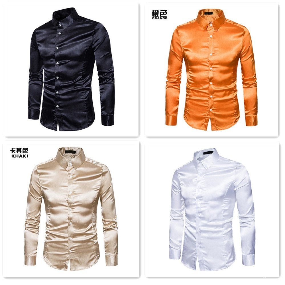 Camisa Masculina De Cetim Com Gola Virada De Manga Comprida Slim Fit Cor Lisa Para Social Casual Casamento Festa