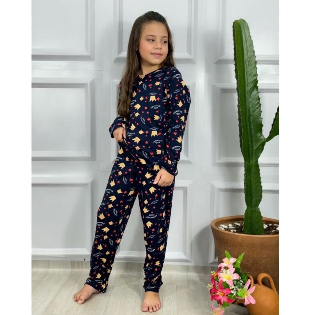 Pijama Estampado Menina Criança Infantil Inverno Manga Longa Suede Calça Blusa Conjunto 210 Dormir