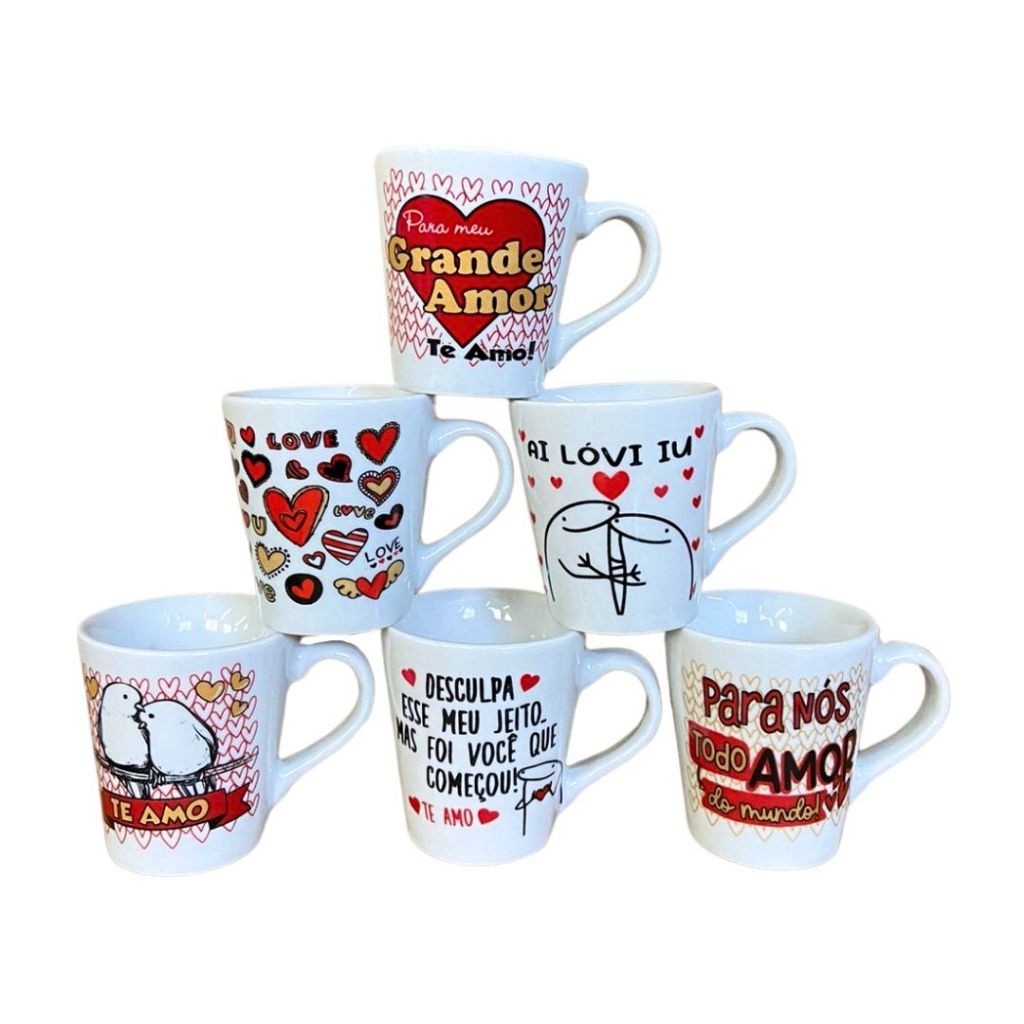 CONJUNTO COM 6 XÍCARAS PORCELANA BRANCA DECORADA DIA DOS NAMORADOS 120 ML